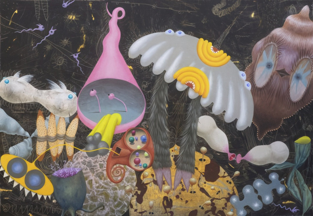 “Art Bacilli Unknown to Science” surreal painting by artist Andrius Miezis — imaginative composition of organic and microbial forms blending art and science, whimsical symbolic contemporary fine-art giclée print by Giclée Makers, Scottsdale, Arizona.