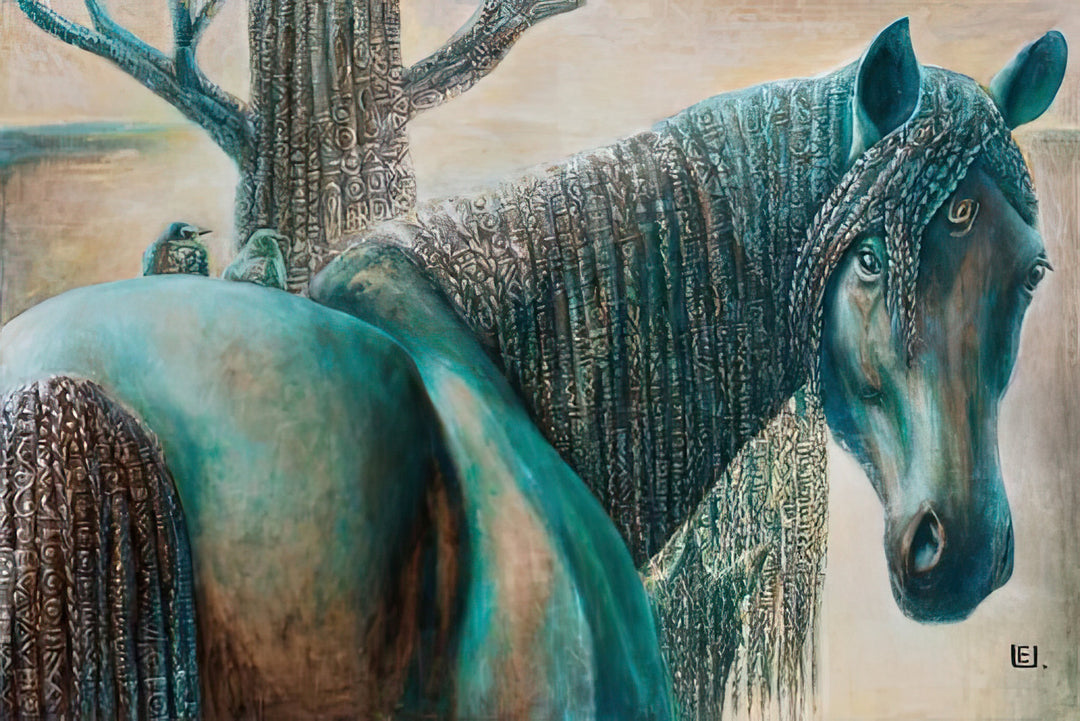 Artistic depiction of two horses with intricate patterns on their bodies.