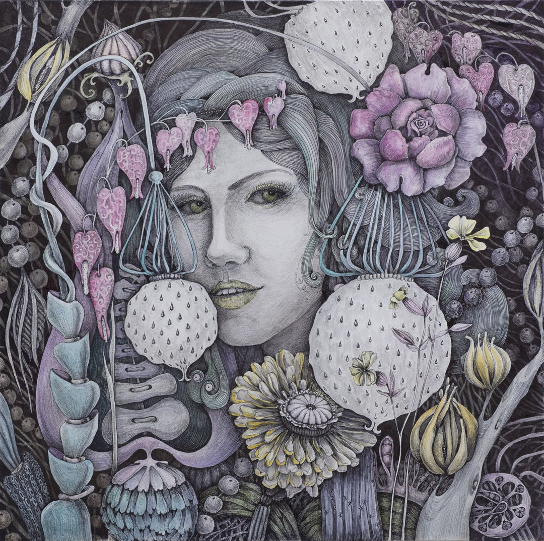 Artistic illustration of a woman's face surrounded by intricate floral and plant details.