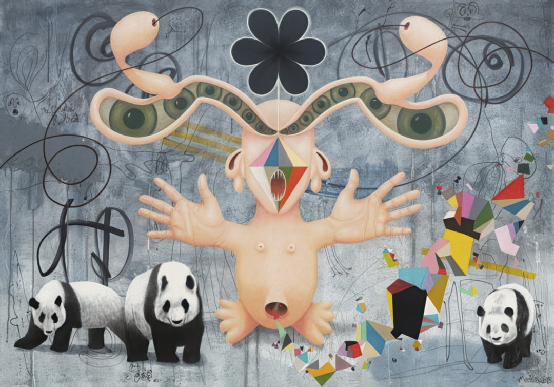 “Mono Opera for Pandas” by Andrius Miezis – surreal contemporary painting blending human and animal forms with geometric shapes and symbolic elements. A whimsical visual opera exploring emotion, absurdity, and imagination – available as a museum-quality giclée print from Giclée Makers.