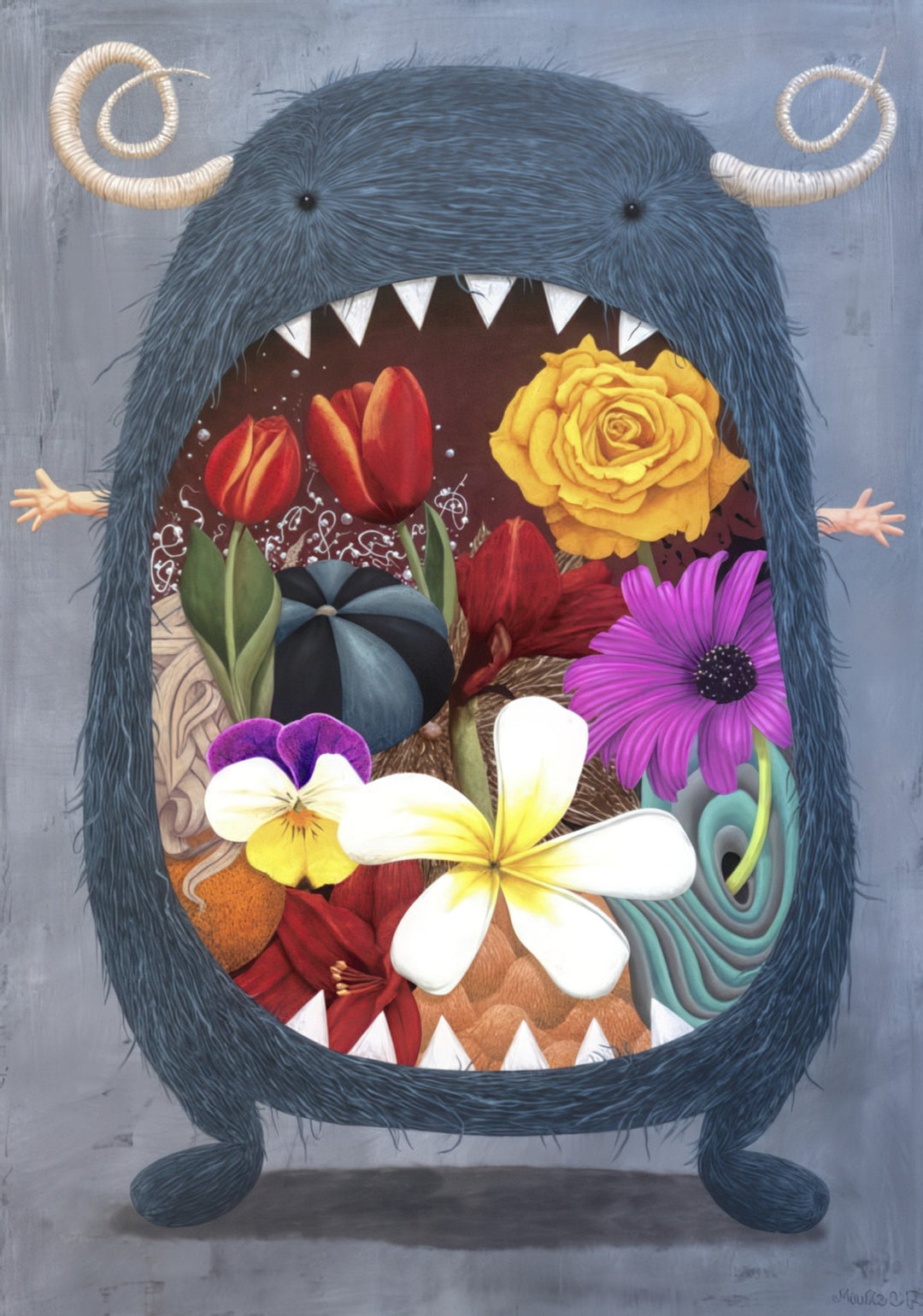 “Monster Eating Beauty” by Andrius Miezis – surreal contemporary painting featuring a playful blue creature devouring vibrant flowers. Symbolic art exploring desire, contrast, and beauty through vivid color and imagination – available as a museum-quality giclée print from Giclée Makers.
