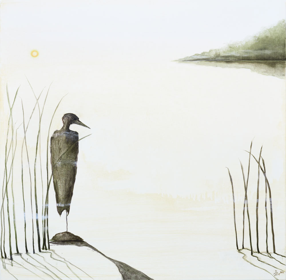 An artwork featuring a bird standing in a grassy area near a body of water with a sun and hills in the background.