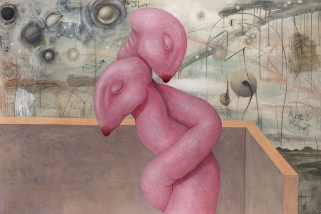 “Naked” by Andrius Miezis – surreal contemporary painting featuring two intertwined pink abstract figures in a dreamlike space. Emotional and symbolic fine art exploring vulnerability, connection, and intimacy – available as a museum-quality giclée print from Giclée Makers.