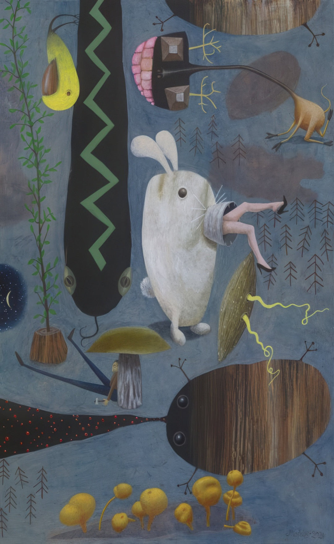 “Night in the Forest” surreal figurative painting by artist Andrius Miezis — dreamlike night scene featuring symbolic forest elements and a white rabbit-like figure, contemporary European fine art giclée print by Giclée Makers, Scottsdale, Arizona.
