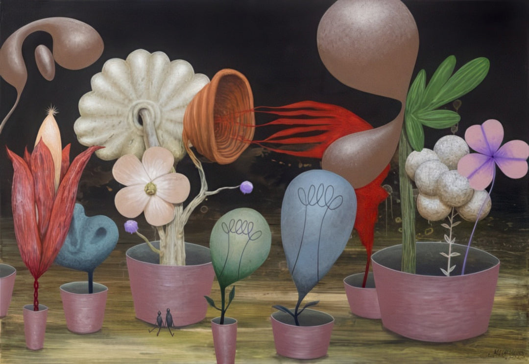 “Domestic Pets Dreams and Hopes” surreal still life painting by artist Andrius Miezis — imaginative composition of symbolic plant forms representing emotions and dreams, contemporary European fine art giclée print by Giclée Makers, Scottsdale, Arizona.