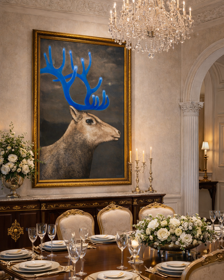 Dining room with a large framed picture of a deer with blue antlers on the wall.