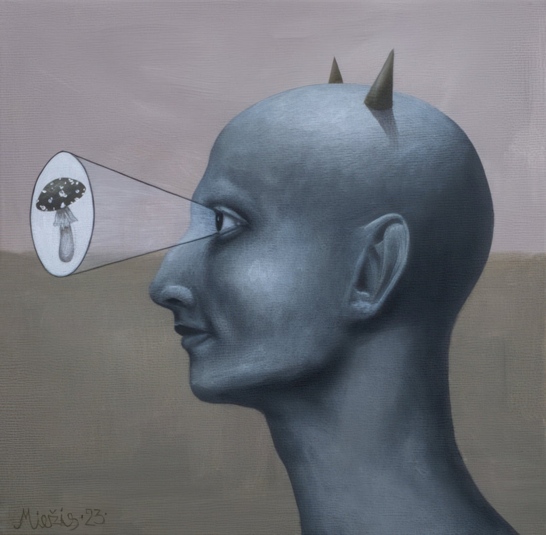 "Sequential Masochist’s Gaze” surreal painting by artist Andrius Miezis — conceptual portrait of a human head with horns projecting an image of a flower, exploring self-reflection and perception, contemporary surreal fine art print by Giclée Makers, Scottsdale Arizona.