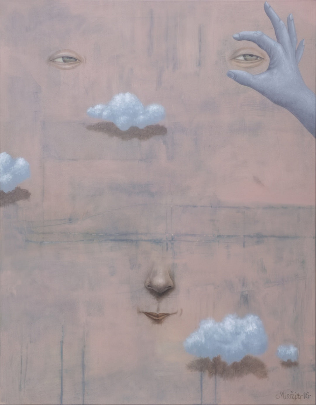 Surreal painting by Andrius Miezis titled Observing Everyday Life, featuring a poetic face emerging from a beige wall with drifting white clouds and a hand delicately holding an eye. A symbolic, dreamlike composition blending surrealism, humor, and quiet introspection — available as a museum-quality fine art print at Giclée Makers.