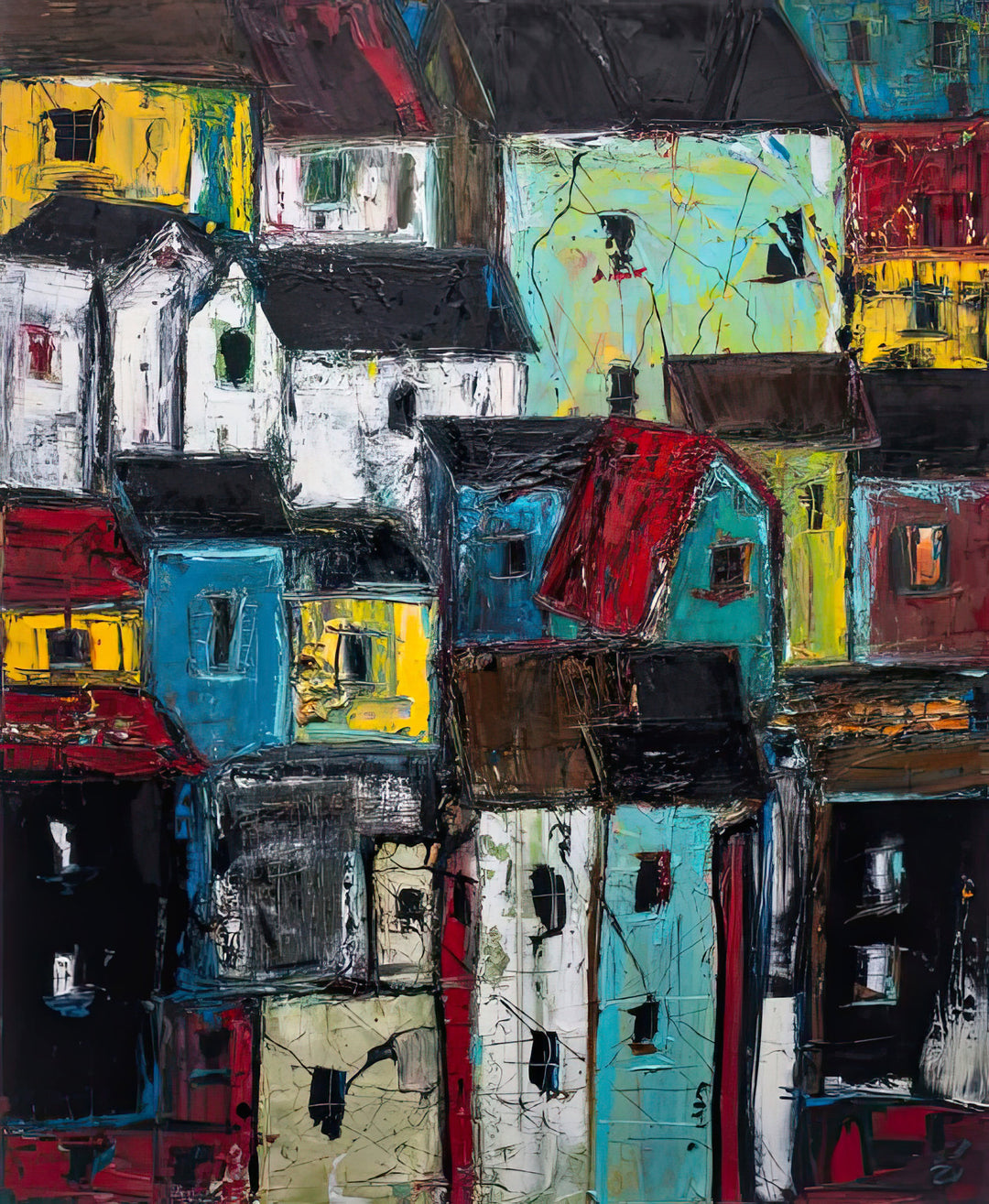 Abstract painting of colorful houses with a vibrant mix of colors.