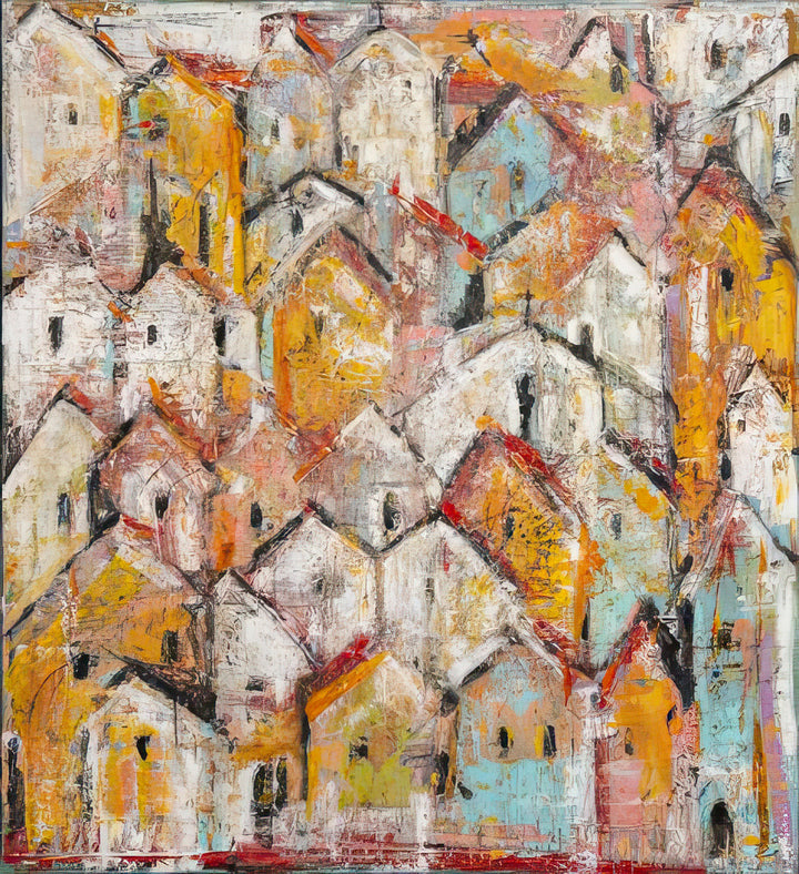 Abstract painting of a cityscape with colorful houses