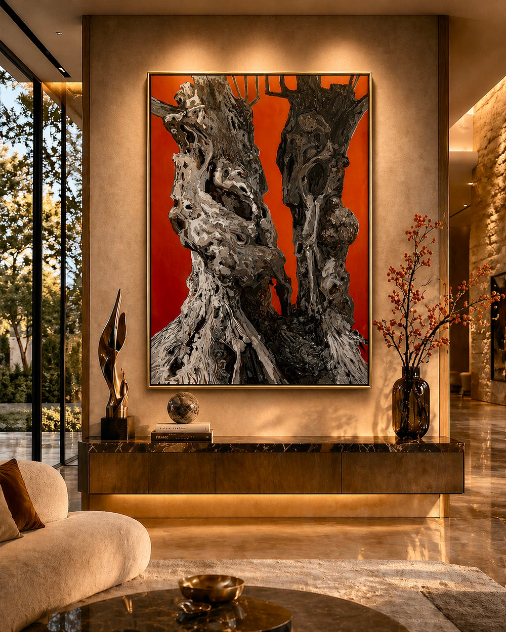 Modern interior with a large abstract painting of tree trunks on an orange background.