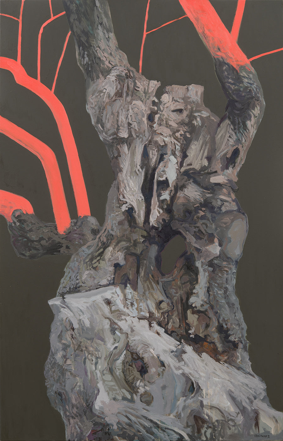 This image, titled "Olive Tree Dark," presents a captivating blend of landscape and surrealism. The artwork features a detailed, almost abstract depiction of an olive tree with a complex, twisted structure.