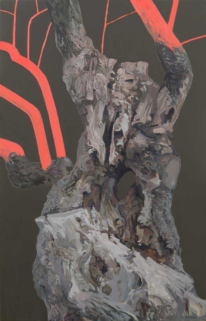 This image, titled "Olive Tree Dark," presents a captivating blend of landscape and surrealism. The artwork features a detailed, almost abstract depiction of an olive tree with a complex, twisted structure.