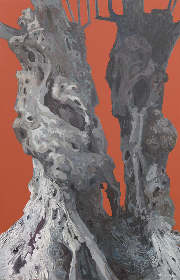 A abstract painting depicting a tree with red ochre background and a grey, textured foreground.