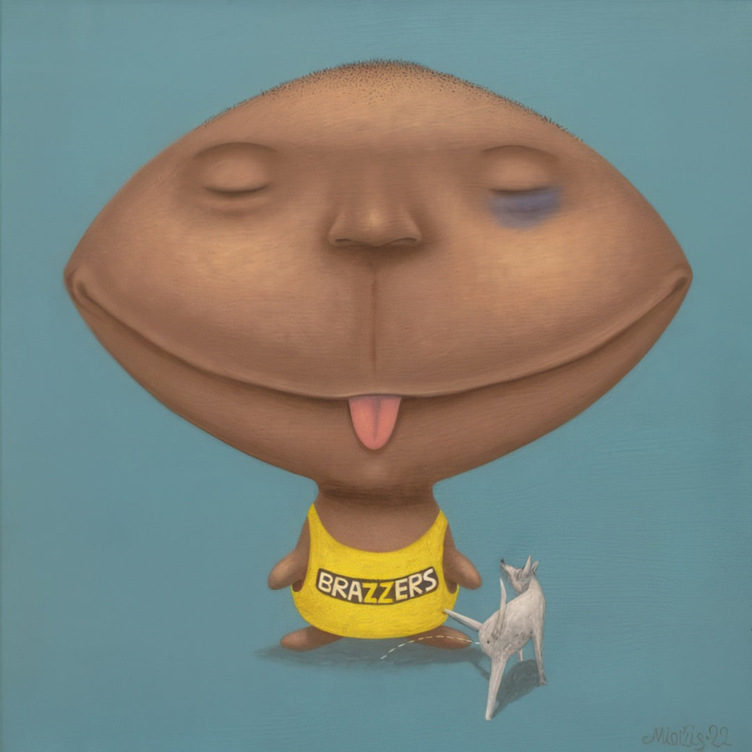 Whimsical surreal portrait of a smiling bald figure with eyes closed, wearing a yellow shirt and standing beside a small goat. Artwork titled Only an Enlightened Silly Person Dreams Upright by Andrius Miezis. Museum-quality giclée print from Giclée Makers Gallery.