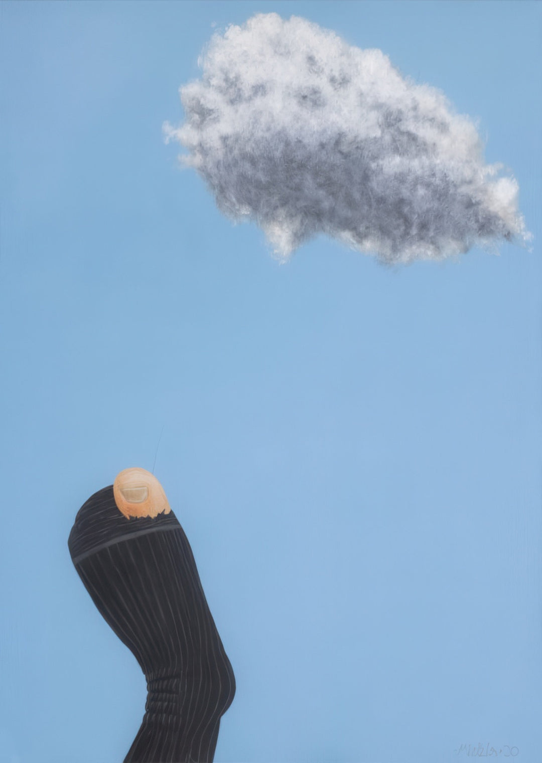 “Openness” by Andrius Miezis — surreal minimalist artwork featuring a black socked foot reaching toward a single floating cloud against a serene blue sky. A poetic exploration of freedom, balance, and whimsical thought expressed through simplicity and humor. Fine-art giclée print on archival canvas or paper by Giclée Makers Scottsdale, perfect for modern interiors.