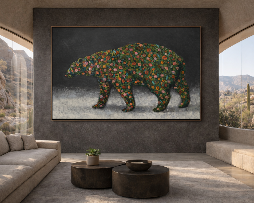Framed artwork of a bear with floral pattern in a modern living room.