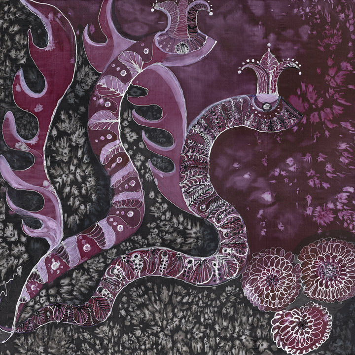 Abstract artwork “Oratory” by Nijole Stunskaite-Vilke with purple serpentine forms, intricate patterns, and floral motifs over textured black and violet backgrounds.