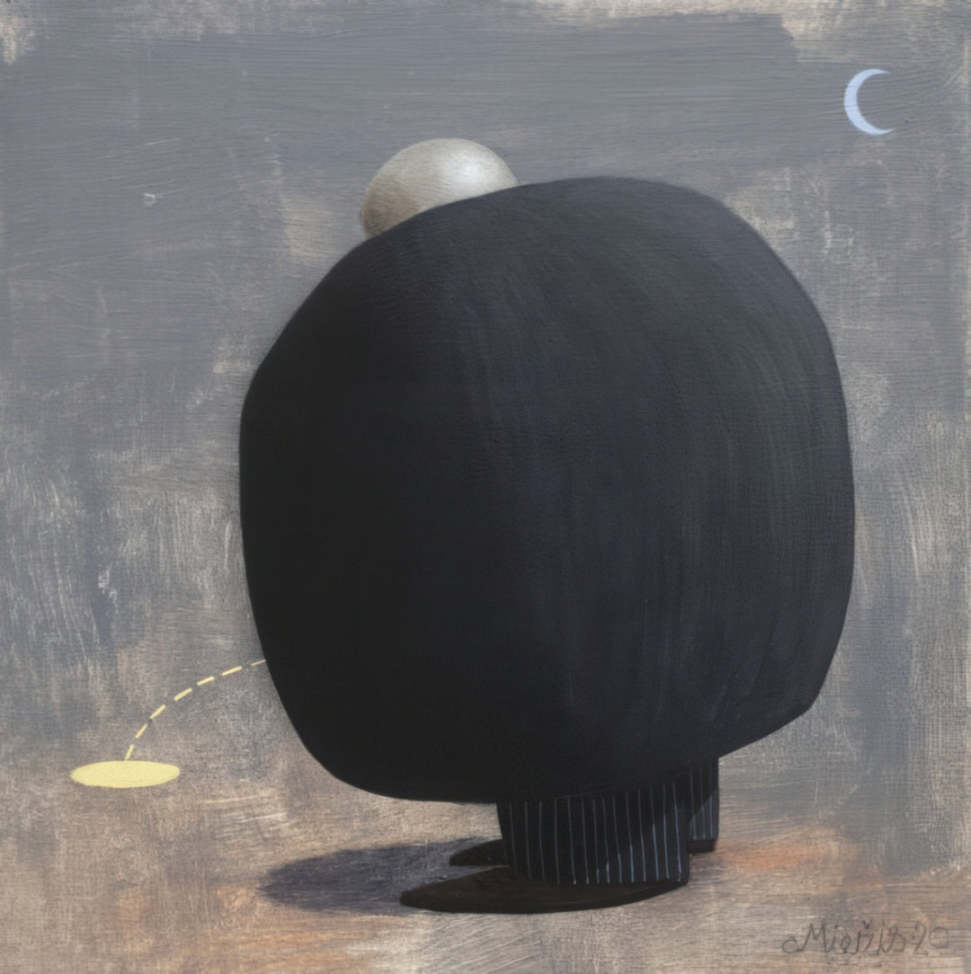 “Ordinary Man” by Andrius Miezis – surreal minimalist painting of a faceless dark figure under a pale moon. Symbolic modern art exploring identity, solitude, and the quiet poetry of everyday life – available as a museum-quality giclée print from Giclée Makers.