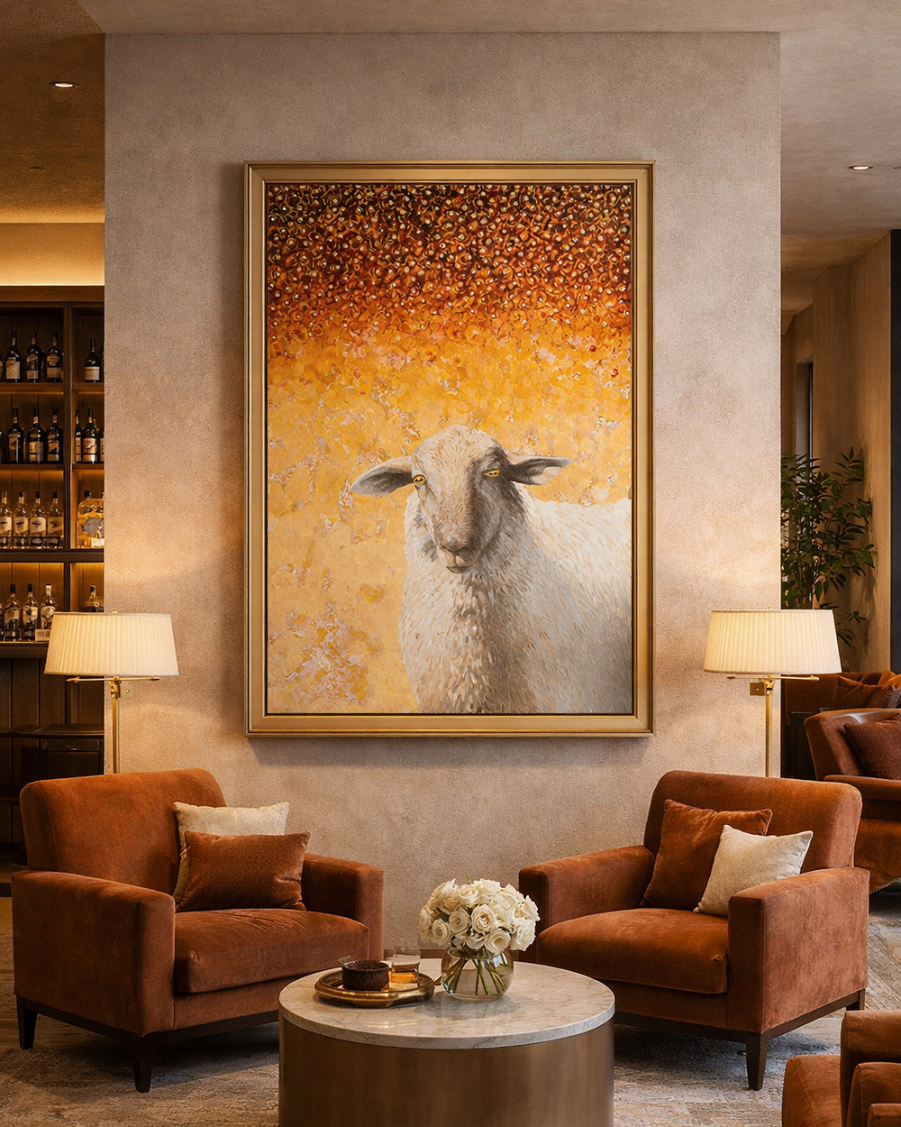 Decorative interior with a painting of a sheep on a wall above a round table with flowers.