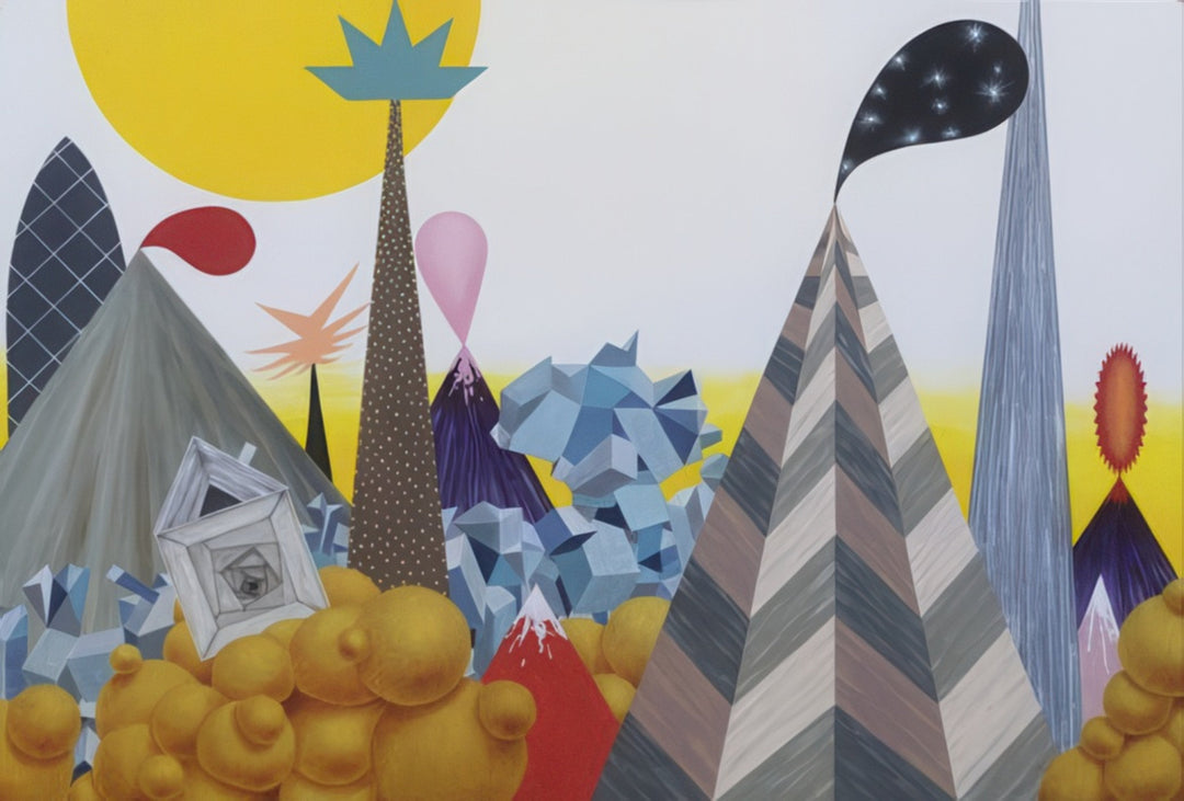 Contemporary surreal landscape painting Landscape With a Mountain Hut by artist Andrius Miezis, featuring geometric mountains, a small white hut, and vivid sunlit forms. Abstract and surreal fine art print available from Giclée Makers.