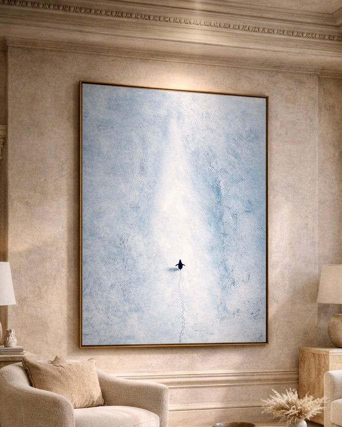 Large abstract painting on a wall in a stylish room with decor elements.