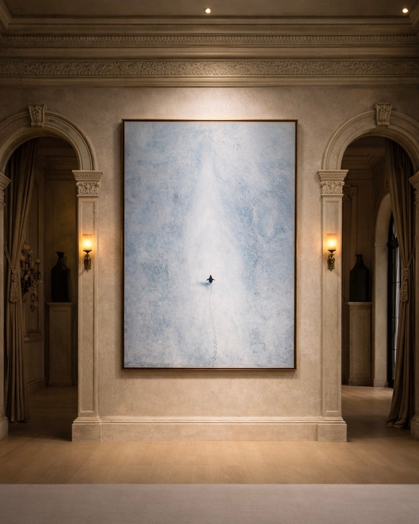 Large abstract painting with penguin on a wall in an elegant hallway with arched doorways and decorative ceiling.