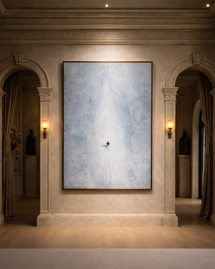 Large abstract painting with penguin on a wall in an elegant hallway with arched doorways and decorative ceiling.