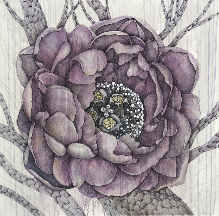 “Peony” by Aukse Drazdiene – a detailed botanical drawing of a large violet-purple peony flower with layered petals and intricate textures, surrounded by delicate stems and leaves. The center reveals golden and black details, symbolizing elegance and depth. Fine art giclée print available exclusively from Giclée Makers.