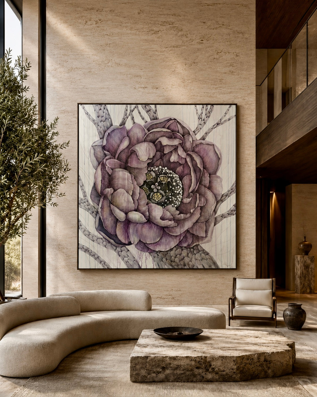Decorative floral artwork on a wall in a modern living room.