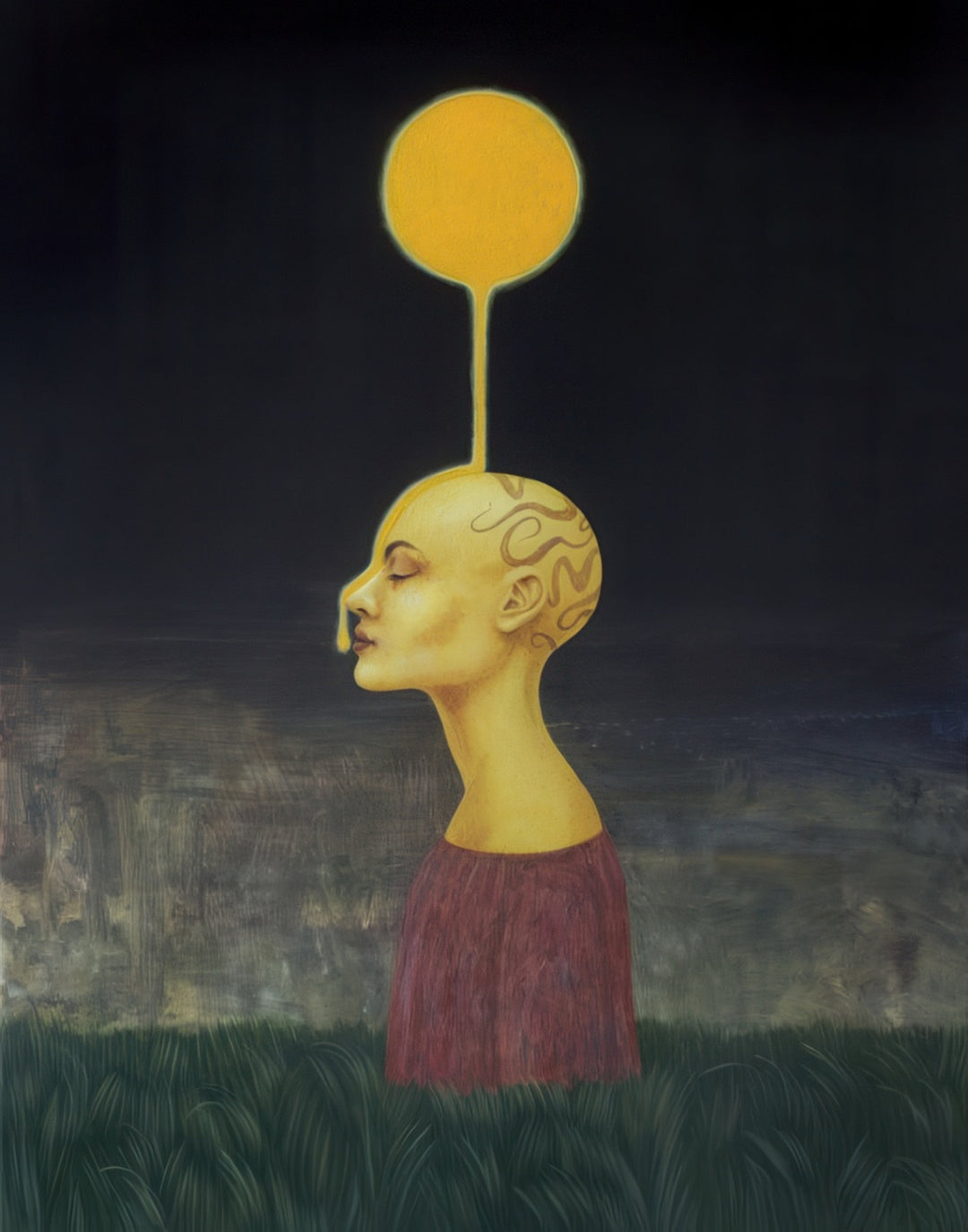 Surreal figurative painting Full Moon Honey by artist Andrius Miezis, depicting a golden-toned human head merging with a radiant full moon against a dark cosmic sky. Contemporary European surrealism, fine art giclée print available from Giclée Makers.