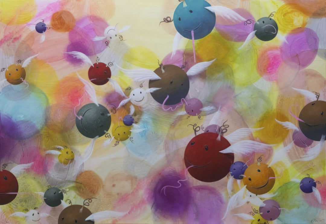 Colorful surreal painting Belly Butterflies by artist Andrius Miezis, featuring whimsical floating orbs with wings over a dreamy pastel background. Contemporary surreal fine art print available from Giclée Makers.