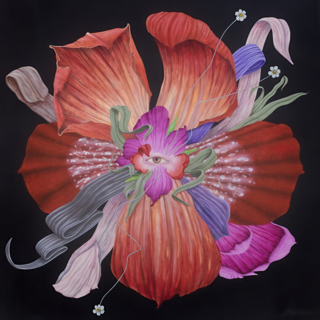“Pink Glasses II” by Andrius Miezis — surreal floral composition featuring an eye-shaped center emerging from vivid red, pink, and violet petals against a black background. Symbolic fusion of nature and perception, blending realism and fantasy in a contemporary fine-art style. Museum-quality giclée print available on archival canvas or paper from Giclée Makers Scottsdale.