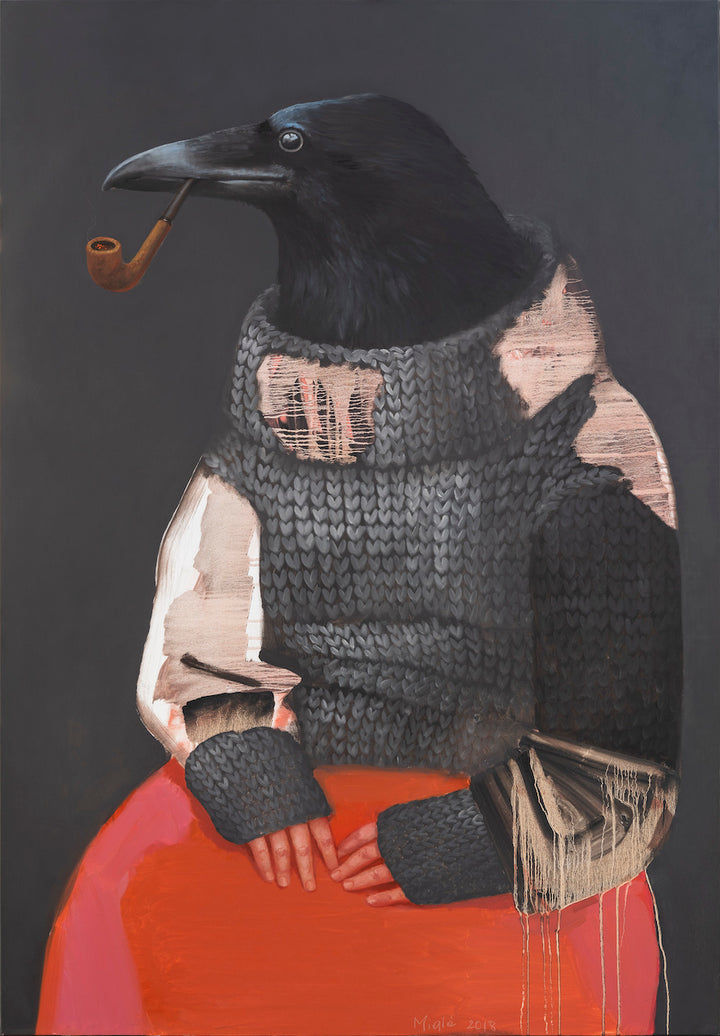 A painting of a crow wearing a human-like outfit, smoking a pipe, and seated next to a red sphere.