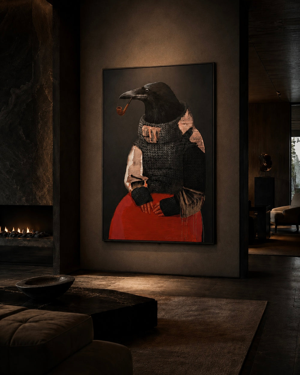Framed artwork of a bird wearing a coat in a dimly lit room with a fireplace.