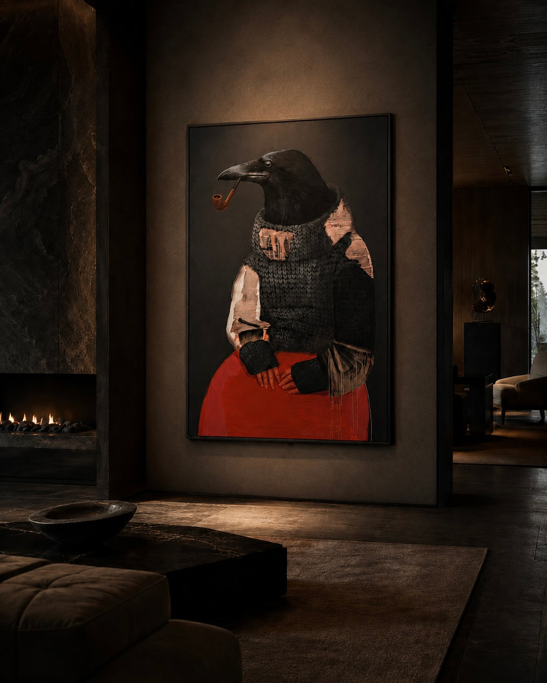 Framed artwork of a bird wearing a coat in a dimly lit room with a fireplace.