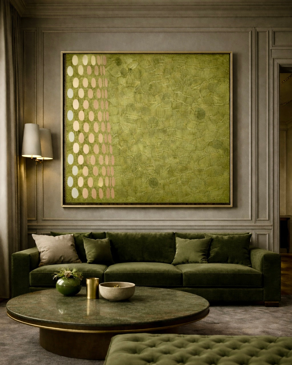 Green sofa in a living room with a large abstract painting on the wall.