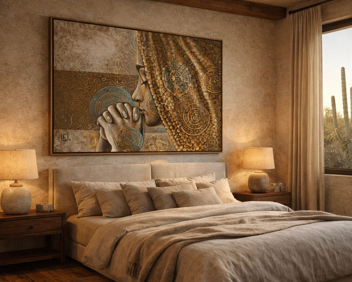 Decorative bedroom with large wall art of a woman's face, two lamps, and a window.