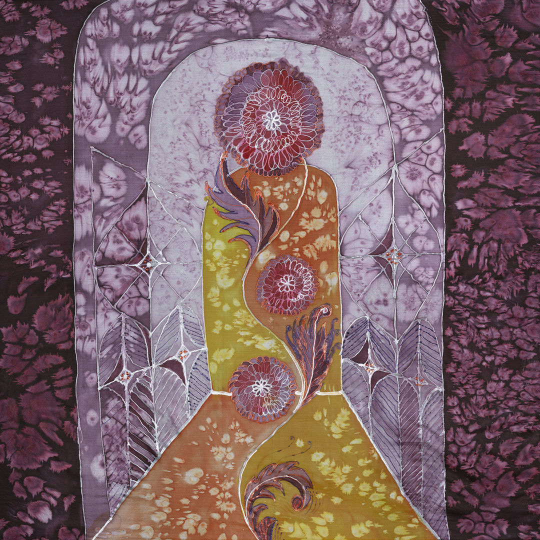 Abstract painting “Prelude” by Nijole Stunskaite-Vilke with golden and red floral motifs centered within purple marbled textures and geometric linework, symbolizing beginnings and transformation.