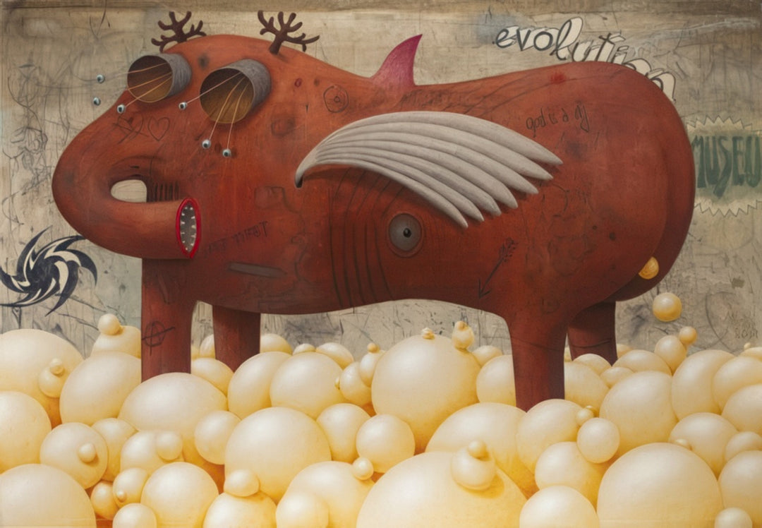 “Primeval Beast” by Andrius Miezis – surreal contemporary painting of a red creature with wings and antlers surrounded by golden spheres. Symbolic fine art exploring evolution, imagination, and fantasy – available as a museum-quality giclée print from Giclée Makers.