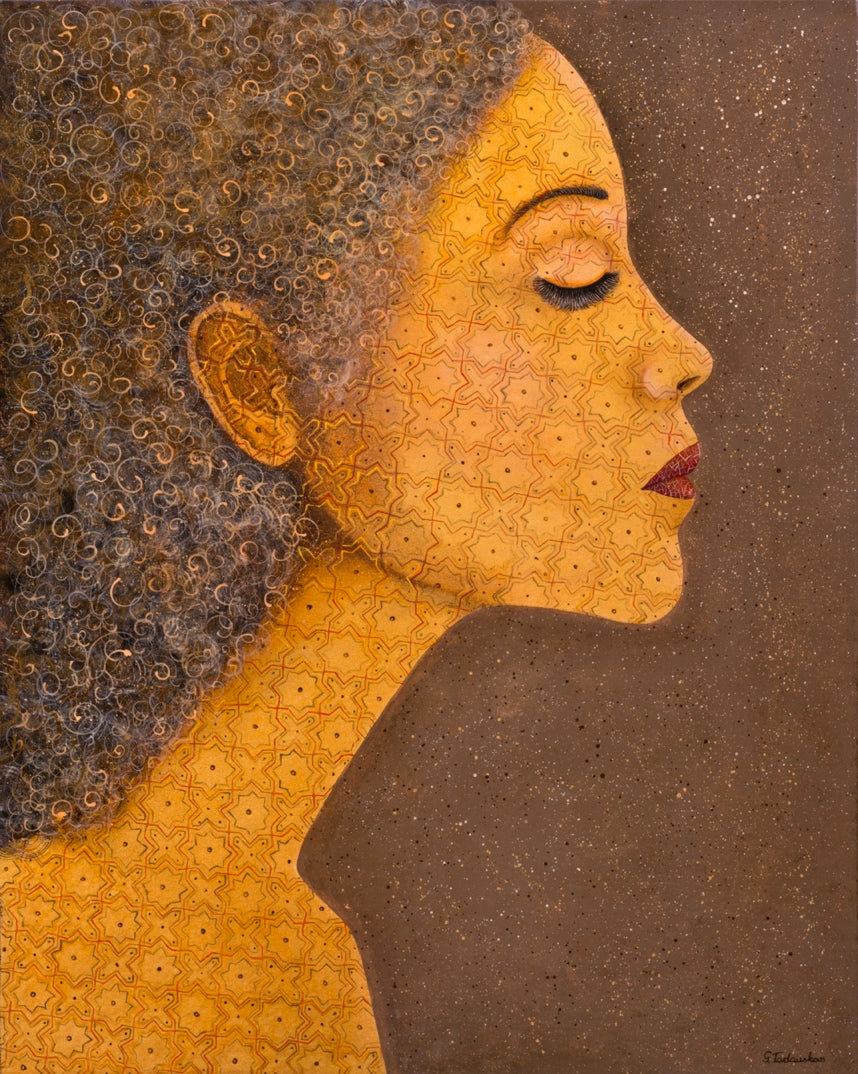 This image features a captivating artwork titled "Princess Dream," portraying the profile of a woman in a surreal and dreamlike style. The painting emphasizes warm, earthy tones, with the subject's face and neck detailed against a coarse, grainy background that suggests a textured, almost tactile quality.