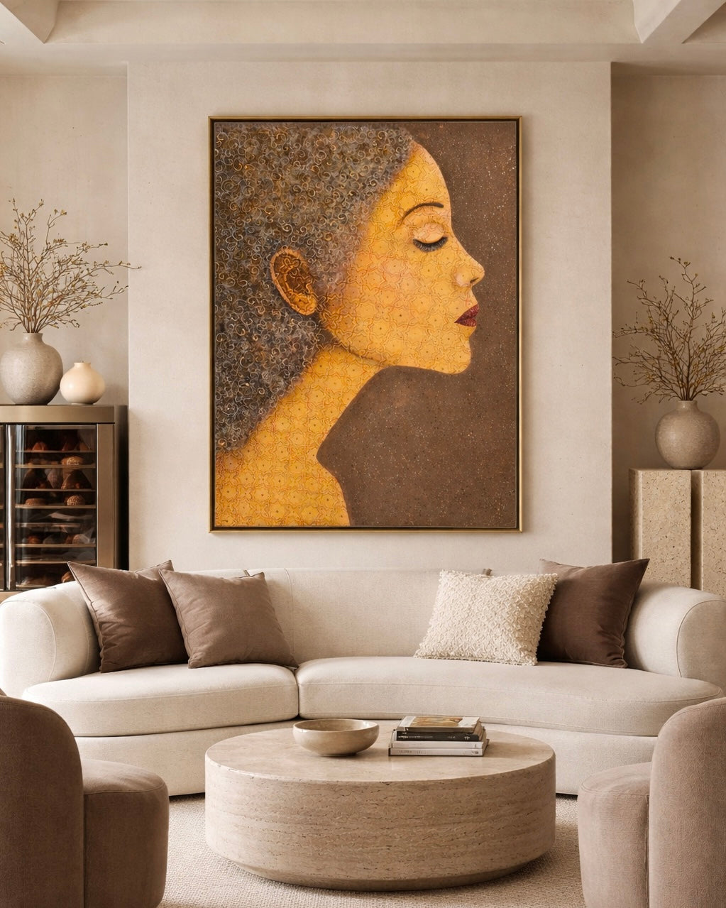 Living room with a large abstract painting of a woman's face above a beige sofa.