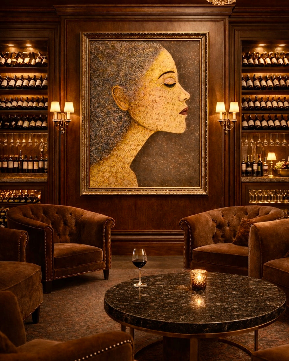 Luxurious interior with wine bottles, a large framed portrait, and a table with a glass of wine.