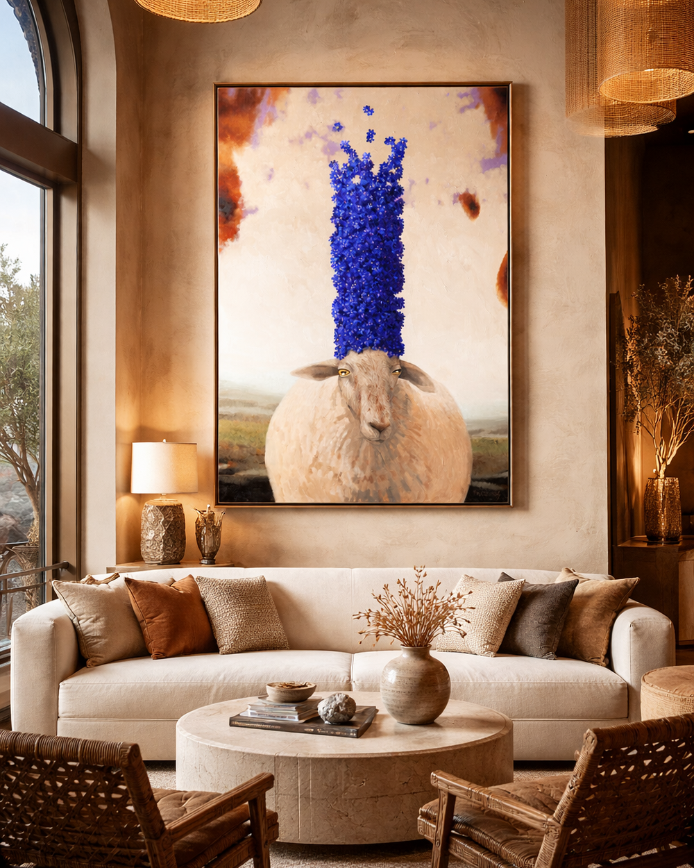 Living room with a large abstract painting of a sheep with blue hair on the wall.