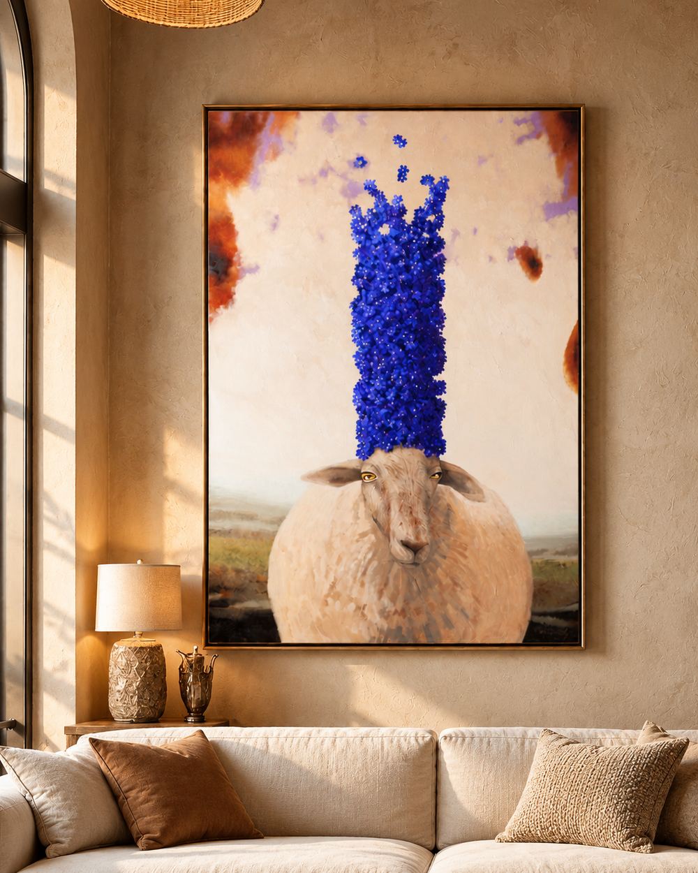Queen Of Hepaticas by Arturas Braziunas, large canvas wall art featuring a sheep crowned with tall blue hepatica flowers