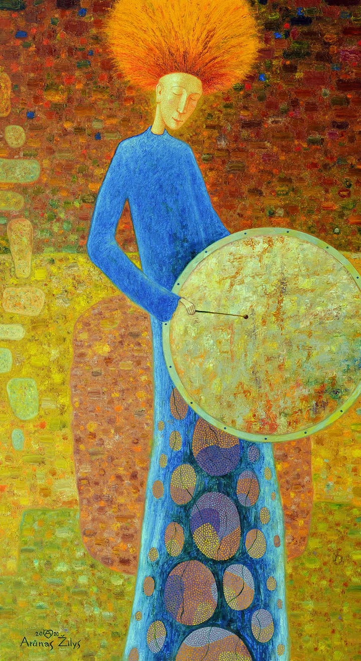 A piece of visual art titled 'Rhythm', featuring a stylized, abstract depiction of a person in blue attire with a large circular object, possibly a drum or shield, held in their left hand. The background is textured with warm colors.