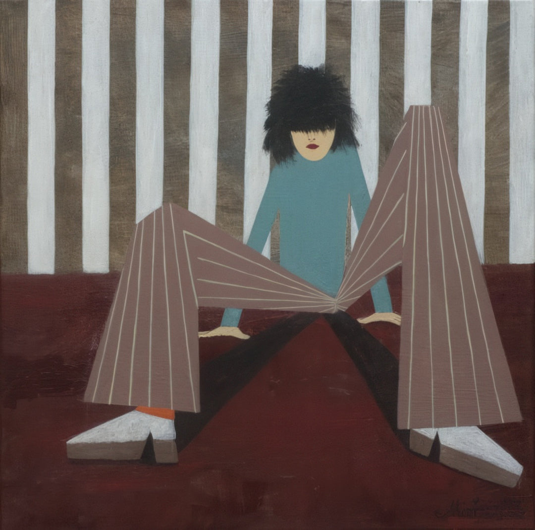 Surreal contemporary painting by Andrius Miezis titled Brace Yourself and Confess, depicting a whimsical, geometric human-like figure with a colorful abstract face, clenched fists, and a patterned lower body. A humorous and thought-provoking surrealist composition blending symbolism, imagination, and bold color — available as a museum-quality fine art print at Giclée Makers.