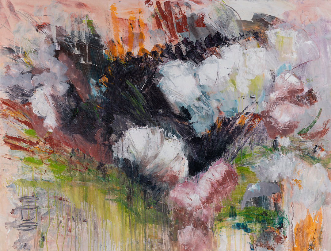 Abstract painting with a central dark figure surrounded by abstract shapes and colors