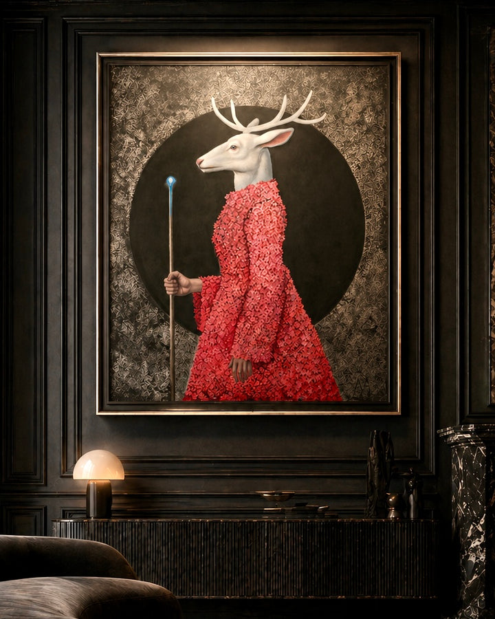 Framed artwork of a deer in a red dress holding a staff against a dark background