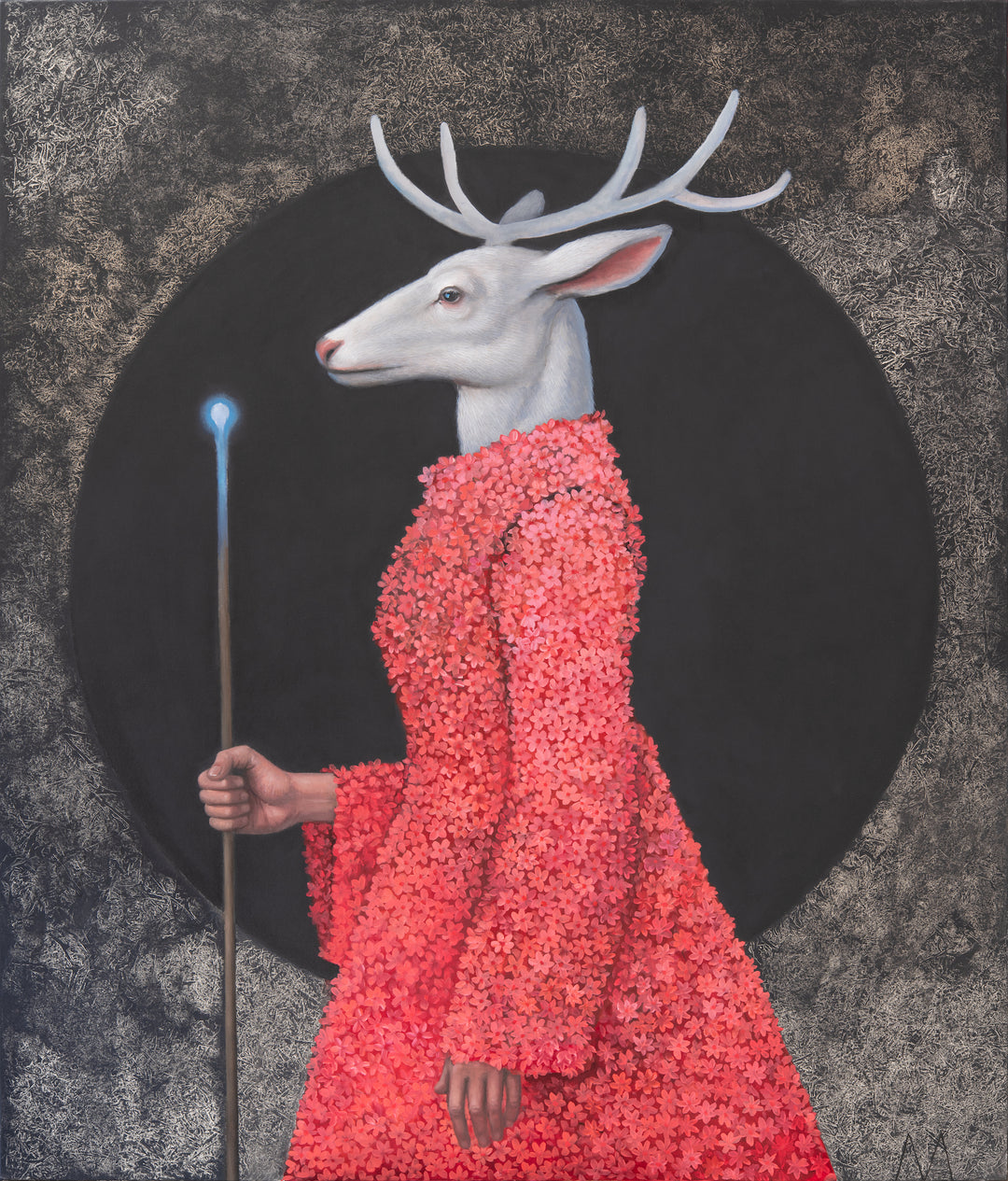 A painting of a reindeer wearing a red dress and a human-like head, standing in the center with a dark, textured background and a circular motif in the top right corner.